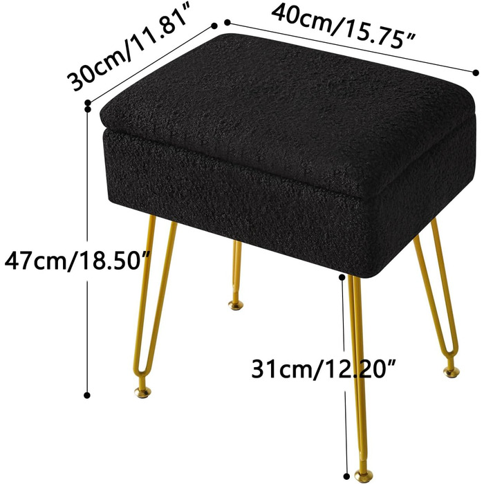 Туалетний стілець-стілець з місцем для зберігання, квадратний оксамитовий пуф Тедді, сучасний багатофункціональний макіяжний стілець для спальні, вітальні 40 x 30 x 47 см чорний HBD031B