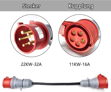 Перехідник CEE з вилки 32A на розетку 16A із захисною кришкою, 3-фазний 5-контактний роз&39єм CEE для зарядного пристрою електромобілів, промисловий P34542