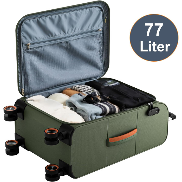 Середня валіза з м&39якими стінками 66x44x28 см - Тканинна валіза на візках - Легка дорожня валіза з 4 колесами та кодовим замком, ручна поклажа, 77 літрів, зелена