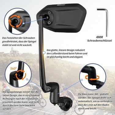 Велосипедне дзеркало, нове функціональне велосипедне дзеркало заднього виду з контрольованим напрямком висування, HD справжнє скло для електросамоката, велике велосипедне дзеркало з обертанням на 360 для керма електровелосипеда ліве (22,2-25,4 мм)