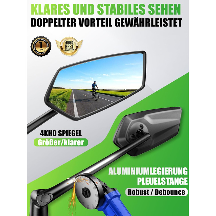 Велосипедне дзеркало RBRL Регульоване 3D для панорамного огляду Поворотне на 360 та складне Ударостійке дзеркало заднього виду з натурального скла Міцне компактне дзеркало на кермо для велосипедів та електровелосипедів (ліве)
