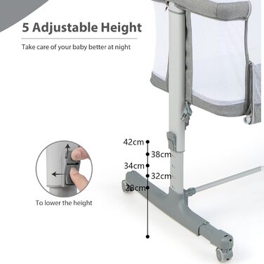 Дитяче ліжечко LIFEZEAL 3-в-1, 5-рівневе регульоване по висоті дитяче ліжечко, дитяча колиска/ліжечко для купання з матрацом, мобільне ліжечко на колесах з сумкою для перенесення, дитяче ліжечко для немовлят від народження до 9 кг (світло-сірий)
