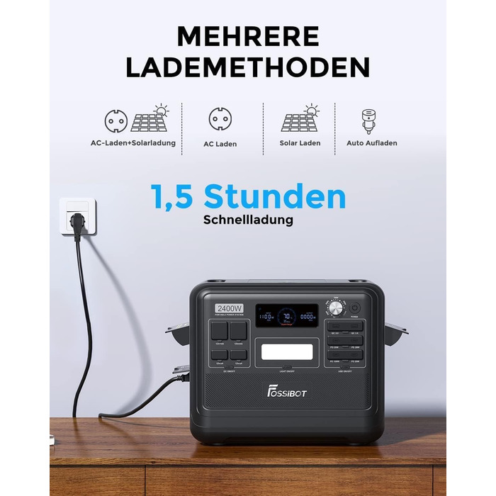 Портативна електростанція FOSSiBOT F2400 з 2048Wh LiFePO4, 3 шт. виходи змінного струму 2400W (4800W пік), сонячний генератор, 230