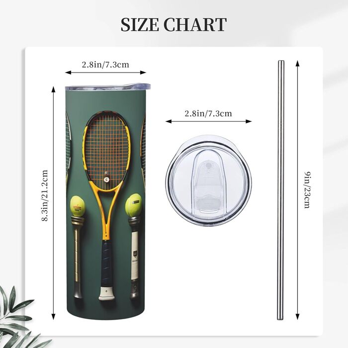 Кухоль з прямою трубочкою, 590 мл, з тенісними м&39ячами та ракетками, дорожній кухоль з принтом, підходить для кемпінгу, офісу та дому