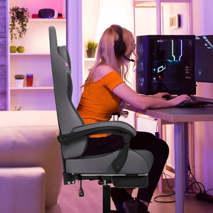 Ігрове крісло YHome, офісне крісло, регульоване по висоті, з підголівником, вібраційним масажем, поперековою подушкою, підставкою для ніг та підлокітниками, ергономічне ігрове крісло, велюрове покриття (чорнийсірийфіолетовий)