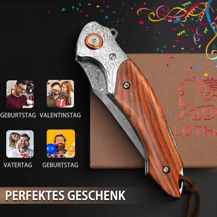 Кишеньковий ніж LOTHAR TUNA, дамаський складаний ніж з 67 шарів дамаської сталі VG10, дамаський кишеньковий ніж з гострим лезом і