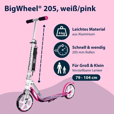 Самокат HUDORA BigWheel 205 стабільний алюмінієвий міський самокат, складаний, з регулюванням висоти та підніжкою, для дітей та дорослих (до 100 кг), білий/рожевий
