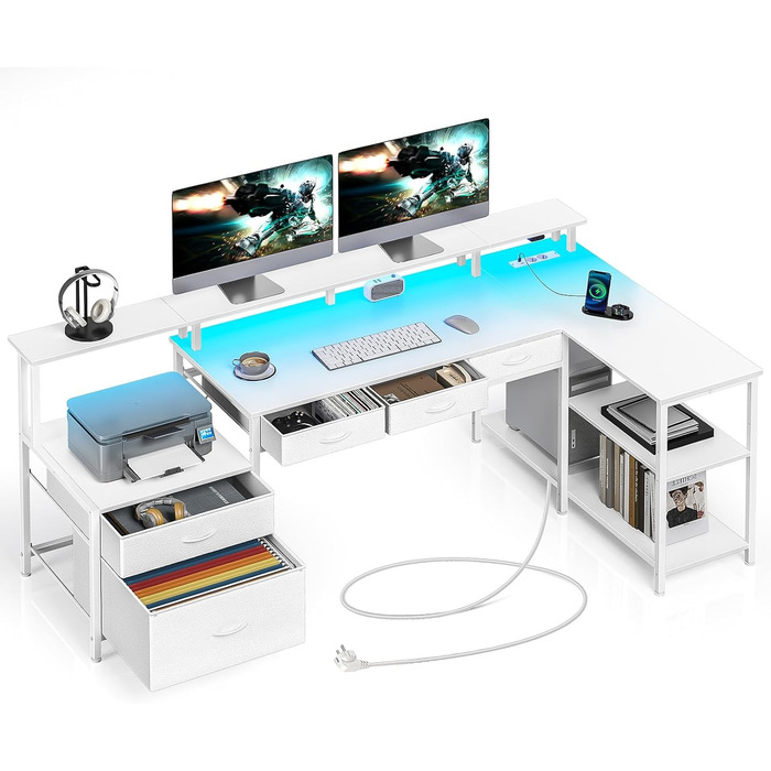 Г-подібний стіл Rolanstar з шухлядами, двосторонній ігровий стіл з розеткою, світлодіодним освітленням та підставкою для монітора, комп&39ютерний стіл 163 см для офісу, кабінету, спальні, білий