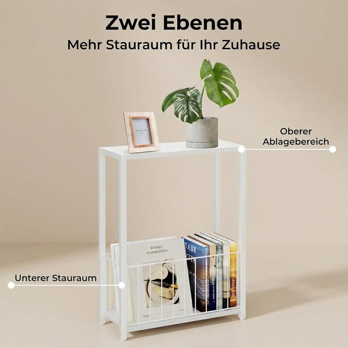 Вузькі приставні столики, столики для дивана з полицею для журналів, компактний дизайн для невеликих кімнат, вітальні, спальні або офісу, 18 x 43 x 60 см, білий