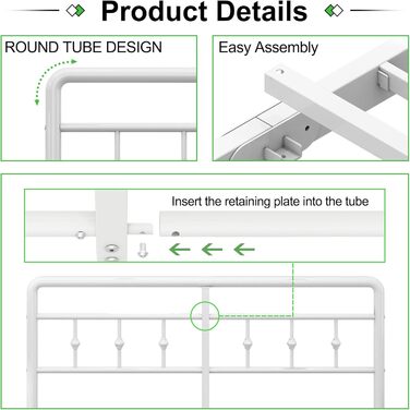 Металеве ліжко EMODA 140 x 200 см з узголів&39ям та узніжжям, каркас ліжка заввишки 46 см, міцний каркас ліжка, легке складання, безшумне, біле DE 140 x 200 см Біле