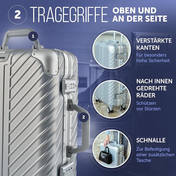 Ручна валіза 55x40x20 см з алюмінієвим каркасом Дорожня валіза на колесах - Надзвичайно стійка валіза на візках з кріпленням для ноутбука ВОДОНОТРИВНА з кутовими захисними накладками (Срібна, ручна поклажа 20 дюймів) Срібна ручна поклажа 20 дюймів