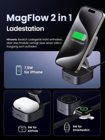 Зарядна станція UGREEN MagFlow 2 в 1 для iPhone, сумісна зі складним бездротовим зарядним пристроєм MagSafe для iPhone 16/16 Pro/1
