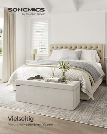 Пуф для зберігання SONGMICS, Складана лавка, 38 x 110 x 38 см Пуф для ніг, Коробка для зберігання, Вантажопідйомність до 300 кг, для вітальні, спальні, коридору, кремово-білий LSF277W01 Кремово-білий 110B см