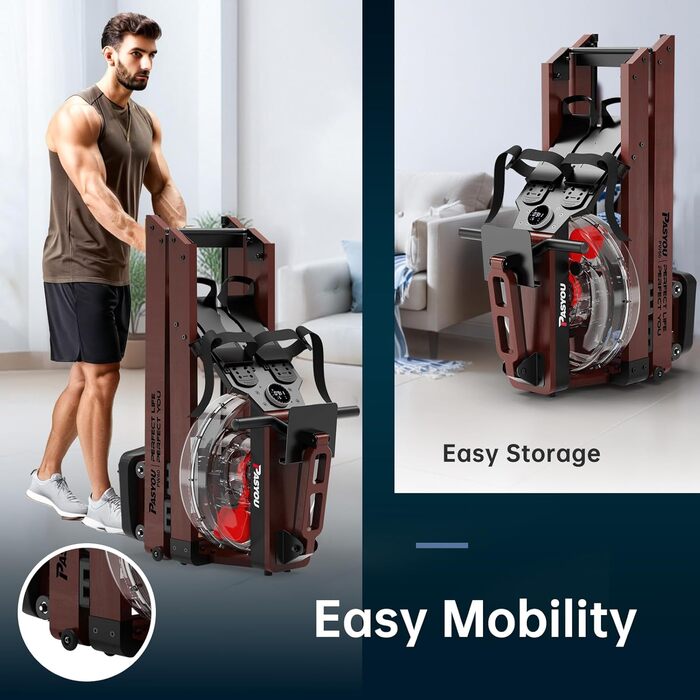 Гребний тренажер PASYOU для домашнього використання, дуб, складний водний гребний тренажер з Bluetooth-дисплеєм та 30-денним безкоштовним членством у Kinomap, гребний тренажер з регульованим тримачем для планшета, вантажопідйомність 150 кг, PW60 коричневи