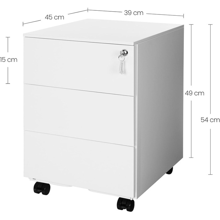 Шафа з шухлядами, контейнер на колесах, мобільна шафа для документів, металева шафа, стіл для принтера, що замикається, 3 шухляди, попередньо зібраний, офіс, домашній офіс, 45 x 39 x 54 см, хмарно-білий OFC63WT 3 полиці (45Г x 39Ш x 54В см) хмарно-білий
