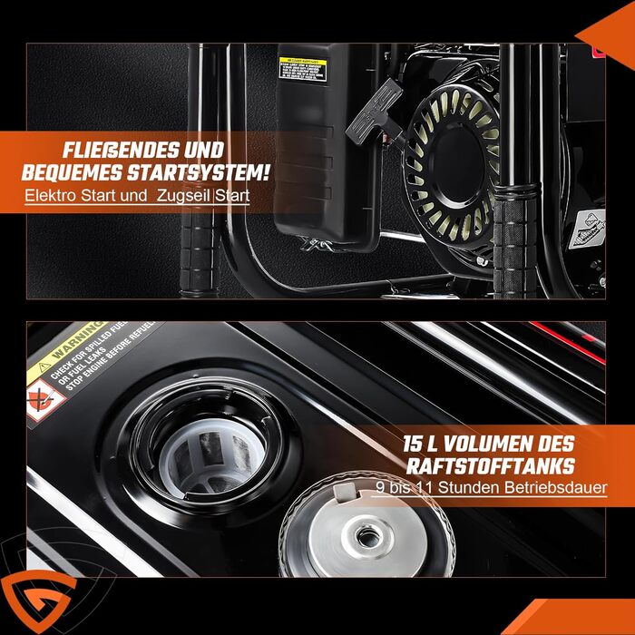 Тактний бензиновий генератор, електричний стартер 5000 Вт, аварійний генератор 12 к.с. з автоматичним регулюванням напруги (ARV), 2 розетки 230 В, 1 розетка 12 В, бак 15 л, 50 Гц, CE, портативний на колесах, для кемпінгу, будівельних майданчиків та дому, 