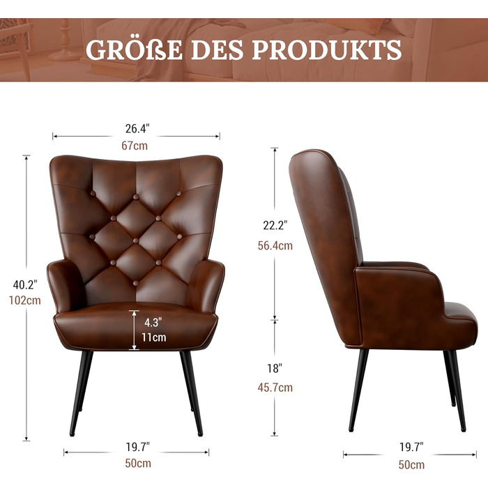 Елегантне м&39яке крісло, стілець для вітальні, стілець для туалетного столика з металевими ніжками для вітальні/спальні, вантажопідйомність до 150 кг, коричневий, комплект з