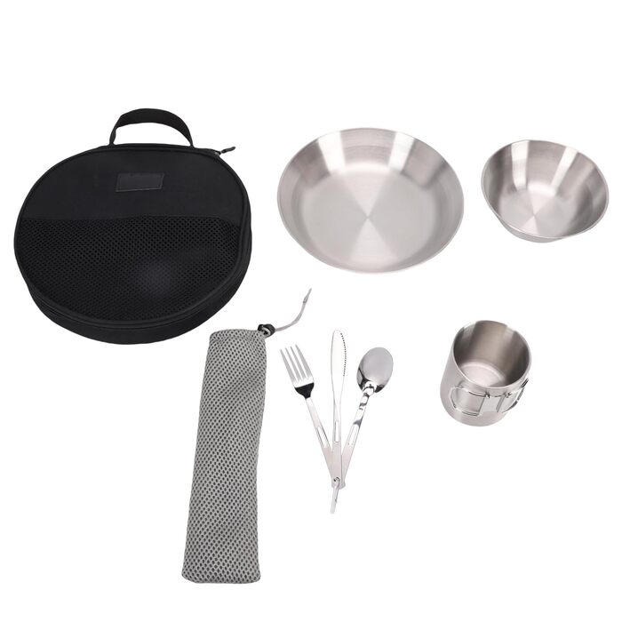 Набір посуду для кемпінгу Drfeify з нержавіючої сталі, портативний, дворівневий, комбінація посуду для пікніків, пляжних вечірок, міцний набір столових приборів для мандрівників, нержавіюча сталь 304, розмір 546 г