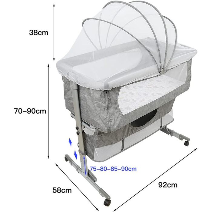 Дитяче ліжечко SUPFINE 3-в-1, регульована висота, портативне дитяче ліжечко Cododo для новонароджених/немовлят, колиска Cododo з матрацом, москітною сіткою та сумкою для зберігання (92 x 58 x 70-90 см, темно-сірий) A1 92x58x70-90 см темно-сірий