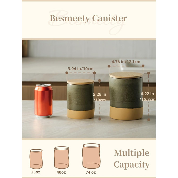 Герметичні контейнери для зберігання Besmeety з кришками, керамічні банки для зберігання, контейнери для зберігання продуктів, кухонне сховище, коробки для зберігання, зелено-жовті (1200 мл x 700 мл)