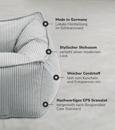 Крісло-мішок з вельвету mokebo The Loafer, XXL, крісло-мішок, вельветове крісло або крісло для відпочинку для вітальні та зимового саду, також як гігантське крісло-мішок розміром 83x73x60 (ШxВxГ у см) сірого кольору, тканина для крісла-мішка з вельвету сі