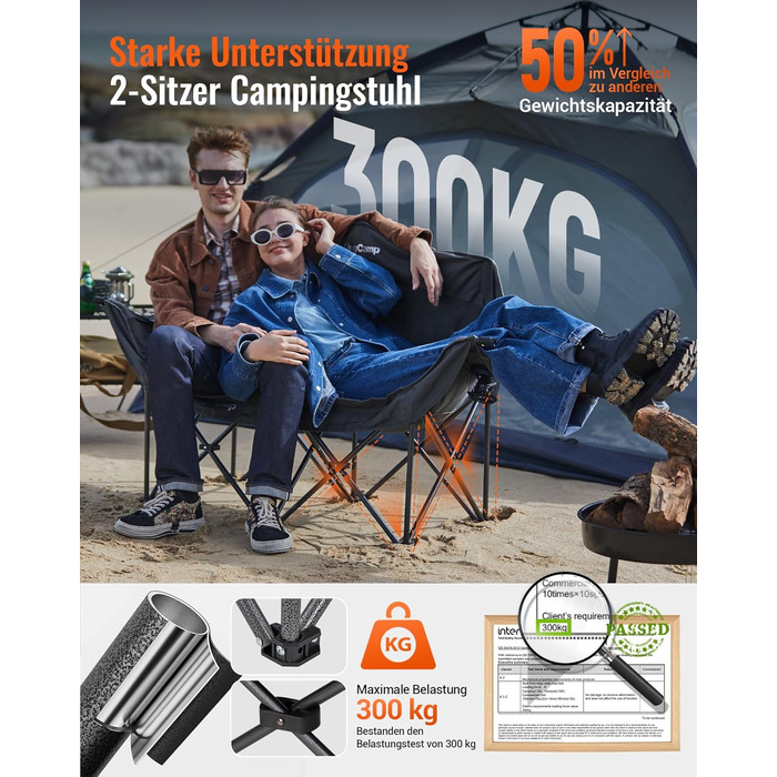 Розкладний кемпінговий диван KingCamp (до 300 кг), розкішне розкладне кемпінгове крісло для 2 осіб, м&39який кемпінговий диван з підлокітниками, подвійне кемпінгове крісло з високою спинкою, 1-, 2- та 3-місна кемпінгова лавка для саду або балкону (L - чор