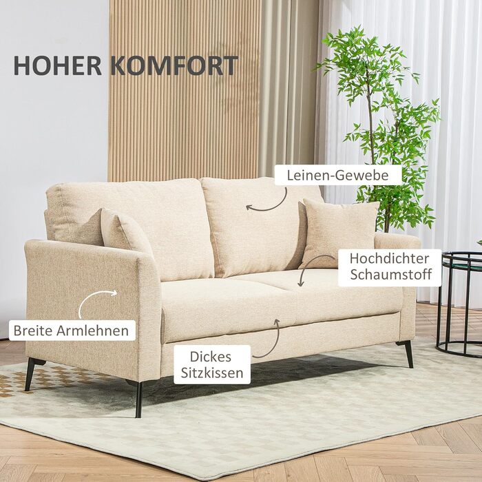 Місний диван HOMCOM, диван під лляну тканину, металеві ніжки, м&39який диван, м&39який двоспальний диван для вітальні, спальні, 179 x 80 x 89 см, бежевий, 2-