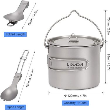 Титанова чашка Lixa-da з кришкою та складною лопаткою, 750 мл/900 мл/1100 мл, легкий посуд для пікніка, для кемпінгу, походів, пікніків на свіжому повітрі, 128 г C-1100 мл