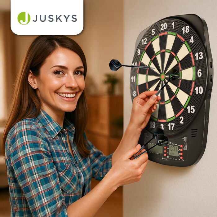 Електронна мішень для дартсу Juskys з 32 іграми та 359 варіаціями, РК-дисплеєм, USB-C, дартсами та аксесуарами, до 8 гравців, живлення від мережі та від батарейок