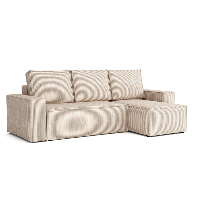 Г-подібний кутовий диван Bergamo, 240x142 см, з функцією сну та відділенням для зберігання речей. Вельветовий диван-ліжко, універсальна сторона, невеликий диван для передпокою, 3-місний кутовий диван-ліжко для вітальні, подушки, бежевий. Zoom 1 - Бежевий.