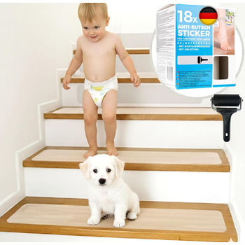 Протиковзкі сходи cocofy, 18 шт. XXL смужок (75x12 см) прозорих для внутрішніх сходів, міцне зчеплення завдяки спеціальній текстурі, зручні для шкарпеток, вкл. монтажний ролик, протиковзкі смужки для сходів 75 см x 12 см прозорі