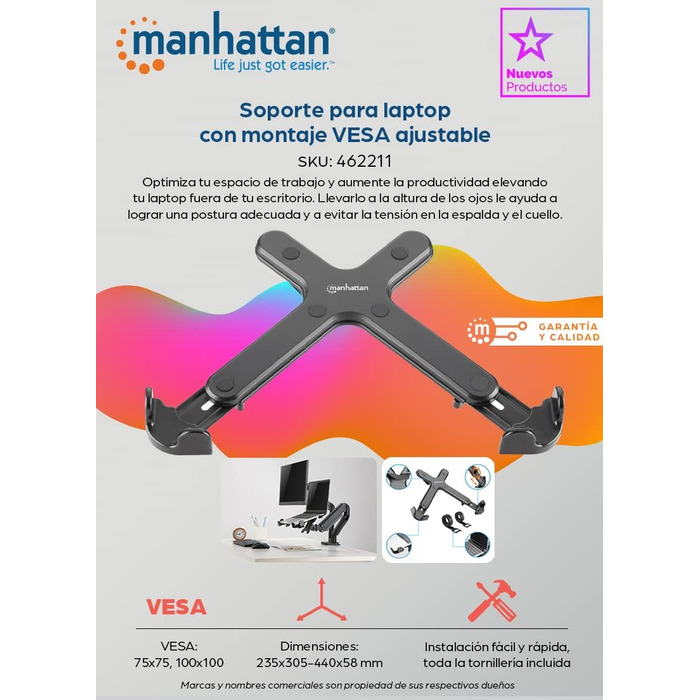 Регульоване кріплення для ноутбука Manhattan 462211 з VESA-сумісністю, чорне