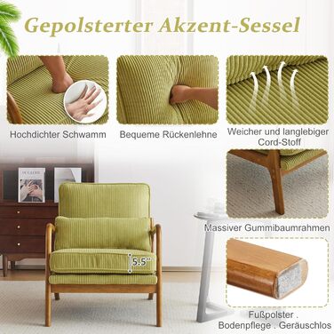 Крісло Bonnlo, м&39яке коктейльне крісло, сучасне крісло для відпочинку, крісло з відкидною спинкою для вітальні, м&39яке крісло з масиву дерева, крісло для читання, вантажопідйомність до 200 кг, вельветова тканина (зелений колір)