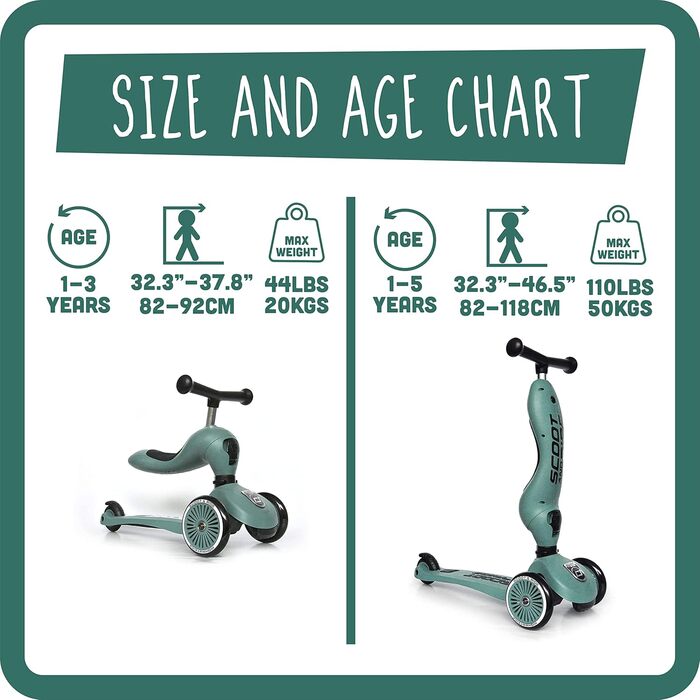 Дитячий регульований самокат 2-в-1, включаючи захисну накладку для запобігання перекиданню - для віку 1-5 років Forest, 1