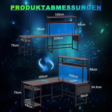 Кутовий ігровий стіл Devoko 155x100 см - світлодіодне освітлення, 2 розетки 2 USB-порти, чорний - Комп&39ютерний стіл із місцем для зберігання для геймерів та домашнього офісу 155 x 100 см, чорний