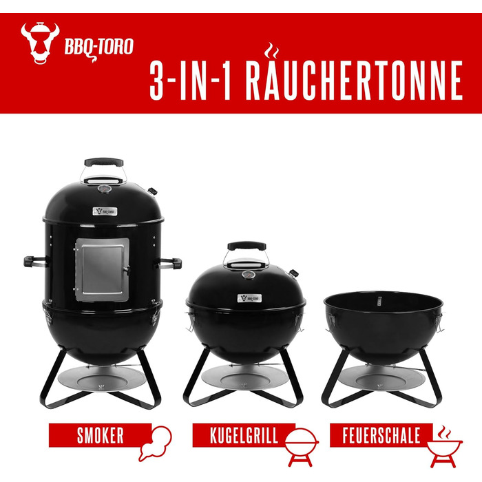 В 1 Димна бочка діаметром 47 см Гриль-бочка, вугільний гриль, вогнище Коптильня з термометром Садовий гриль, гриль-коптильня, піч-коптильня, барбекю, багатофункціональний гриль, круглий гриль, 3