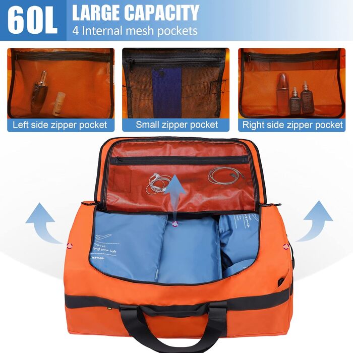 Чоловіча спортивна сумка MIER, водостійка дорожня сумка, великий міцний трансформований спортивний рюкзак з ремінцями для рюкзака та відділенням для взуття для спортзалу, спорту, подорожей, сумка для речей, 60 л/90 л помаранчевого кольору 60 л