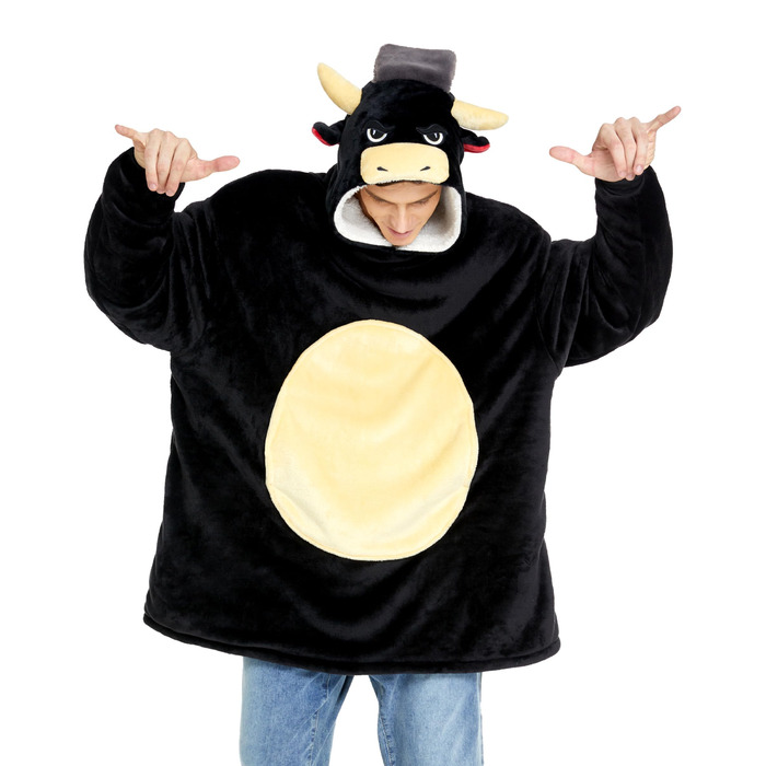 Костюм бика dressfan, худі, карнавальний костюм на Хелловін, тепла м&39яка портативна ковдра з мікрофібри та шерпи з рукавами та капюшоном для жінок та чоловіків, чорний, один розмір