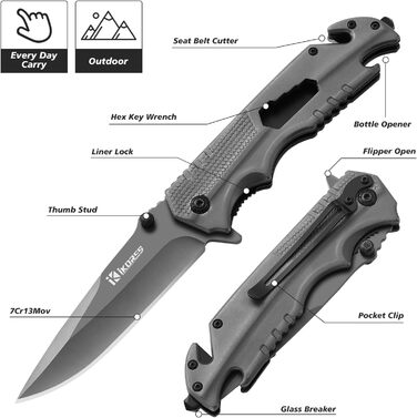 Багатофункціональний складаний ніж IKORES, 22 см одноручний ніж з нейлоновими піхвами та кишеньковою кліпсою, відкривачкою для пля