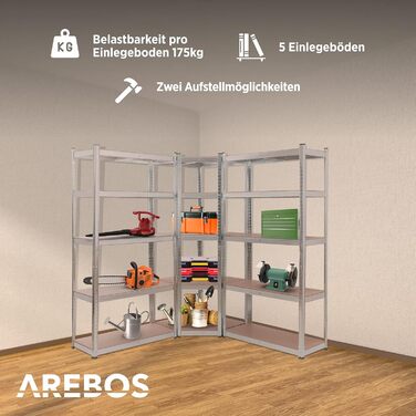 Система металевих полиць Arebos з 3 предметів 1 кутова полиця та 2 стелажі з 15 полицями Комбінація кутових полиць Вантажопідйомність до 2625 кг Система вставок Центральна поперечина для підвищеної стійкості Сріблястий/Чорний