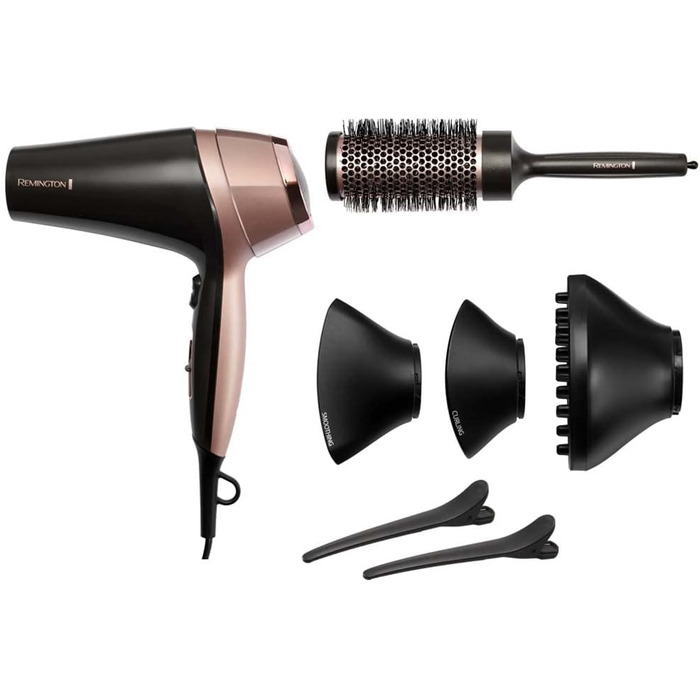 Фен для волосся Remington Curl-Straight з іонізацією (2200 Вт, 3 насадки конічна, для локонів та дифузор, кругла щітка 45 мм, затискачі, 3 рівні температури та 2 рівні обдуву) D5707, чорний