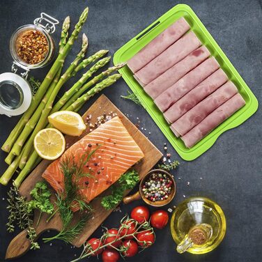 Набір PracticDomus із 8 контейнерів для зберігання продуктів, оптимальне зберігання м&39ясної нарізки в холодильнику, розміри 17 x 3,2 x 25,2 см, різні кольори, 8 шт. Basic