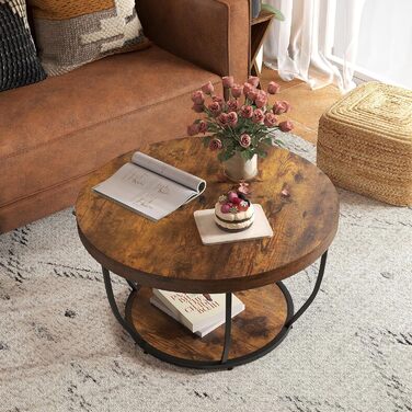 Круглий журнальний столик COSTWAY, дерев&39яний диванний столик з 2 ярусами та металевим каркасом, журнальний столик для вітальні діаметром 80 см для вітальні, приймальні, офісу (рустикально-коричневий)