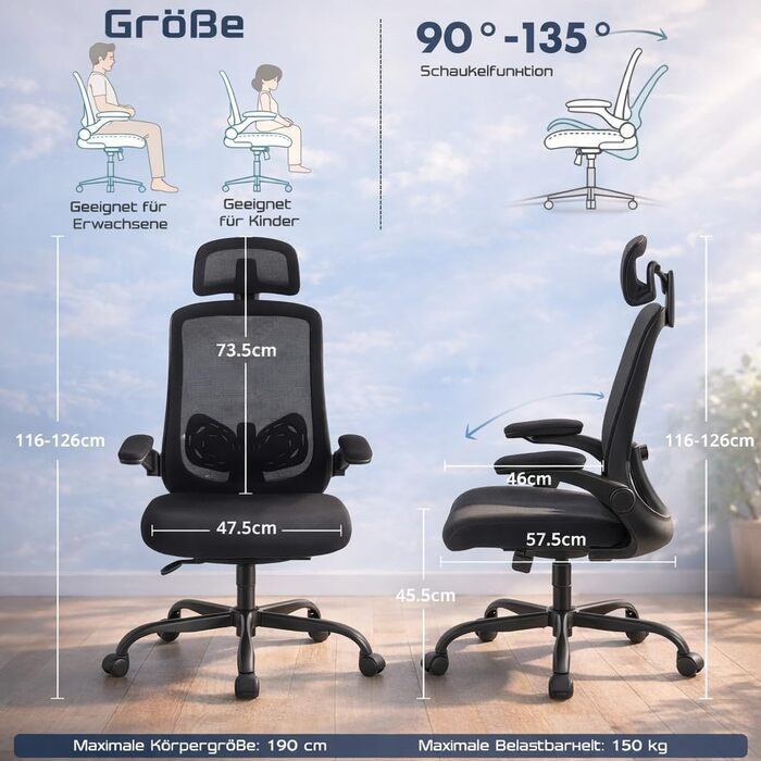 Ергономічне офісне крісло DUMOS, ігрове крісло з регульованим підголівником, підлокітниками, письмове крісло, обертове крісло з поперековою опорою, крісло керівника з сітки, захисне для спини, вантажопідйомність 150 кг, чорний колір