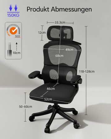 Ергономічне офісне крісло TUKAILAi, крісло керівника з поперековою опорою та підголівником, регульоване, підлокітники, що складаються на 90, висока спинка, сітчасте поворотне крісло для роботи вдома (чорне)