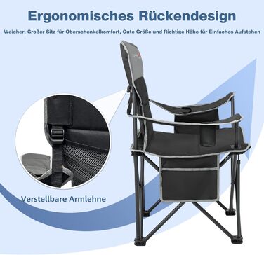 Складане кемпінгове крісло, вантажопідйомність 200 кг, з тримачем для напоїв та сумкою-холодильником, складне кемпінгове крісло, складне рибальське крісло з високою спинкою, чорне