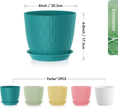 Набір з 5 квіткових горщиків із системою поливу, горщики для рослин діаметром 20,3 см із системою поливу, кашпо з блюдцем, набір квіткових горщиків, ідеально підходить для кімнатних та балконних садів, різнокольорові 8 дюймів