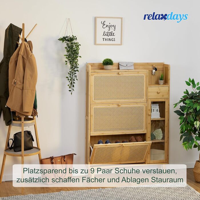 Бамбукова шафа для взуття Relaxdays, 127x95x19 см, натуральний колір Вузька взуттєва полиця, 5 відділень, 3 дверцята, на 9 пар