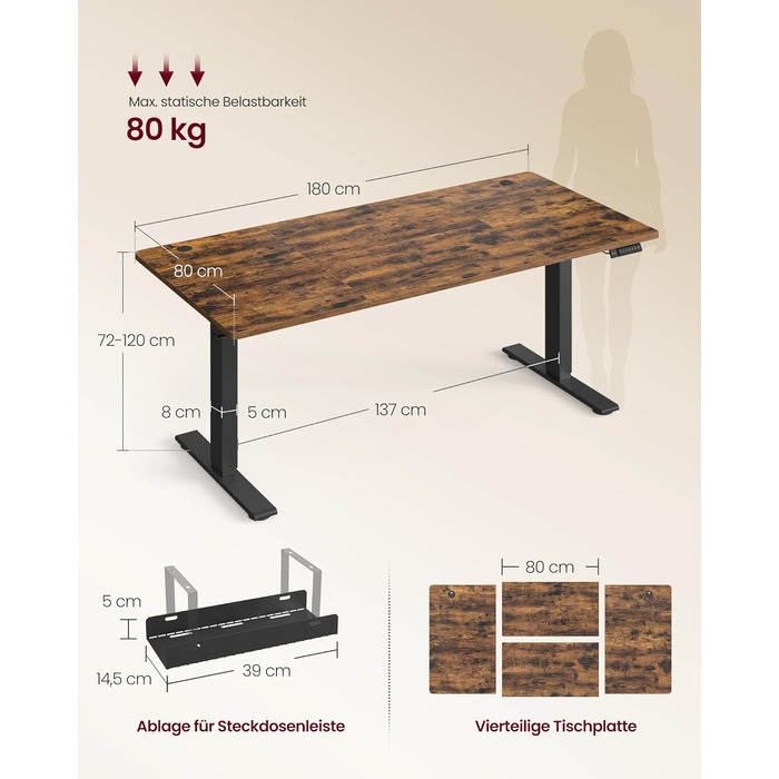 Стіл VASAGLE з регульованою висотою, 180 x 80 см, порт USB-C, подовжувач для зберігання, стіл для роботи стоячи, нагадування про тривале сидіння, 3 кнопки пам&39яті, для офісу, вінтажний коричневий LSD148KD02 180 x 80 см вінтажний коричневий