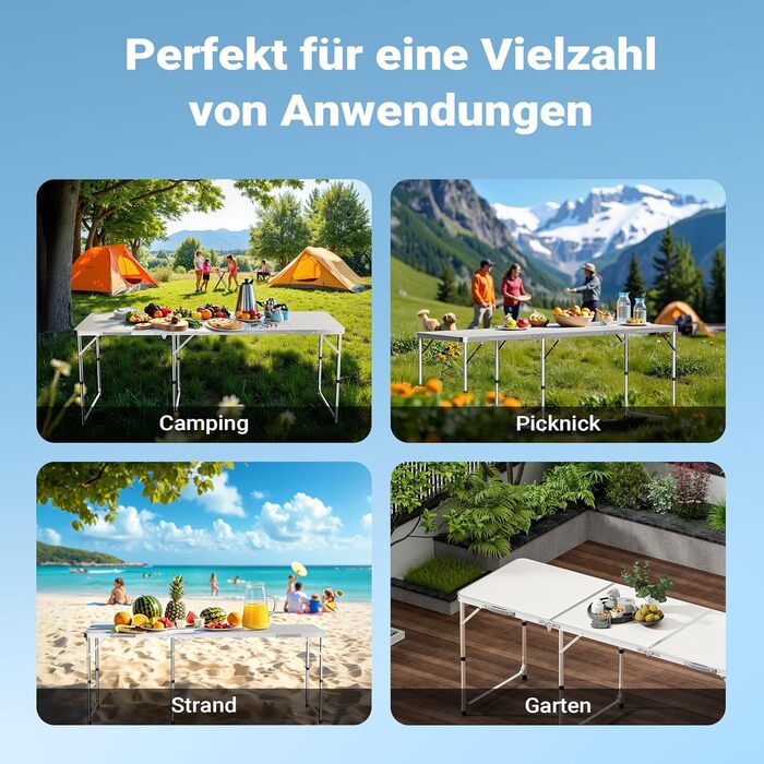 Складаний кемпінговий стіл 180x60x70см, регульована висота 54/61/70см, розкладний стіл з алюмінієвим каркасом та стільницею з МДФ, портативний багатофункціональний стіл, фуршетний стіл, кемпінговий стіл, садовий стіл, складаний